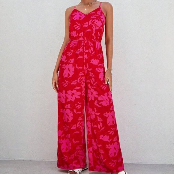 Boho Floral Print Cami Jumpsuit red pink - Picture 4 of 4